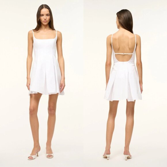NWT Staud Joli Mini Dress White Wide Square Neck Open Back Pleated Skirt Sz 6 - Picture 1 of 7
